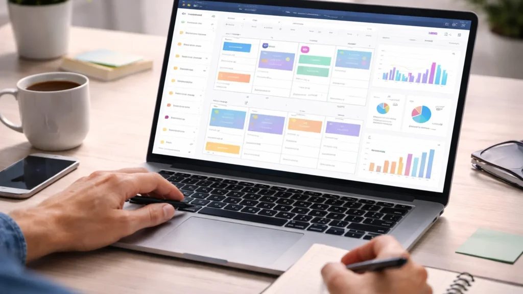 Close-up of laptop showing content calendar with scheduled posts and analytics graphs